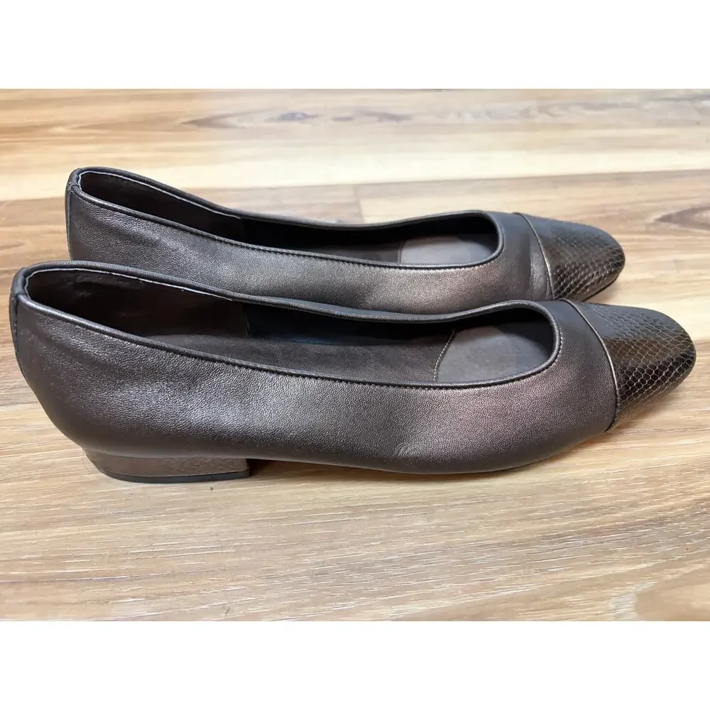Vaneli Bronze Metallic Cap Toe Leather Flats Size 6 Snake Embossed Comfort Shoes
